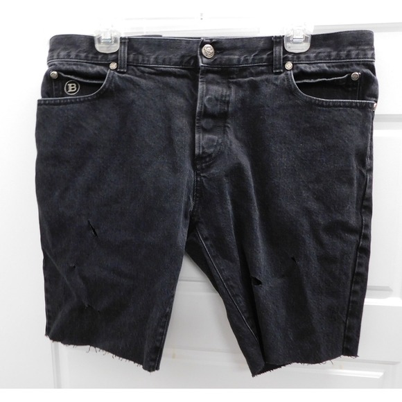 Balmain Mens Logo Black Distressed Ripped Denim Short 36
